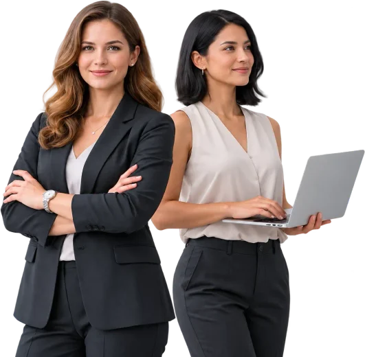 Two members of the Stardom Now team, one with arms folded and one holding a laptop