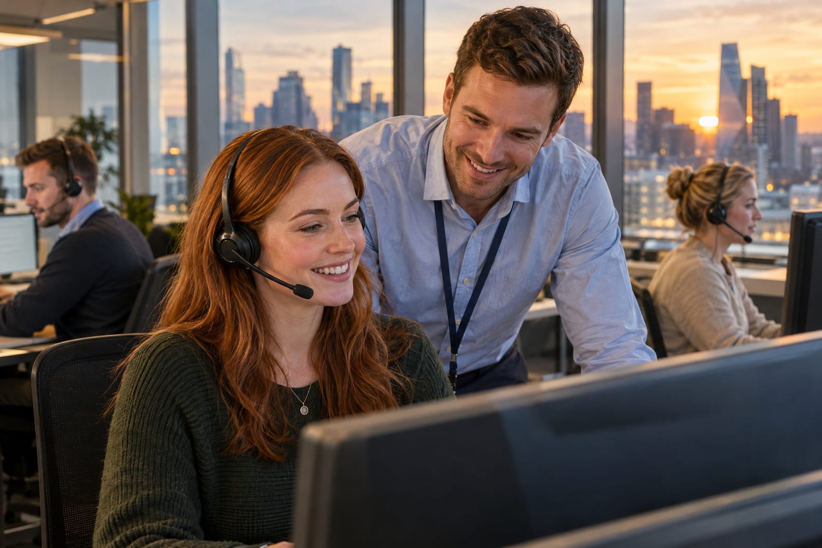 Smiling contact centre agent on a headset while a team leader coaches her, with colleagues and a city skyline behind