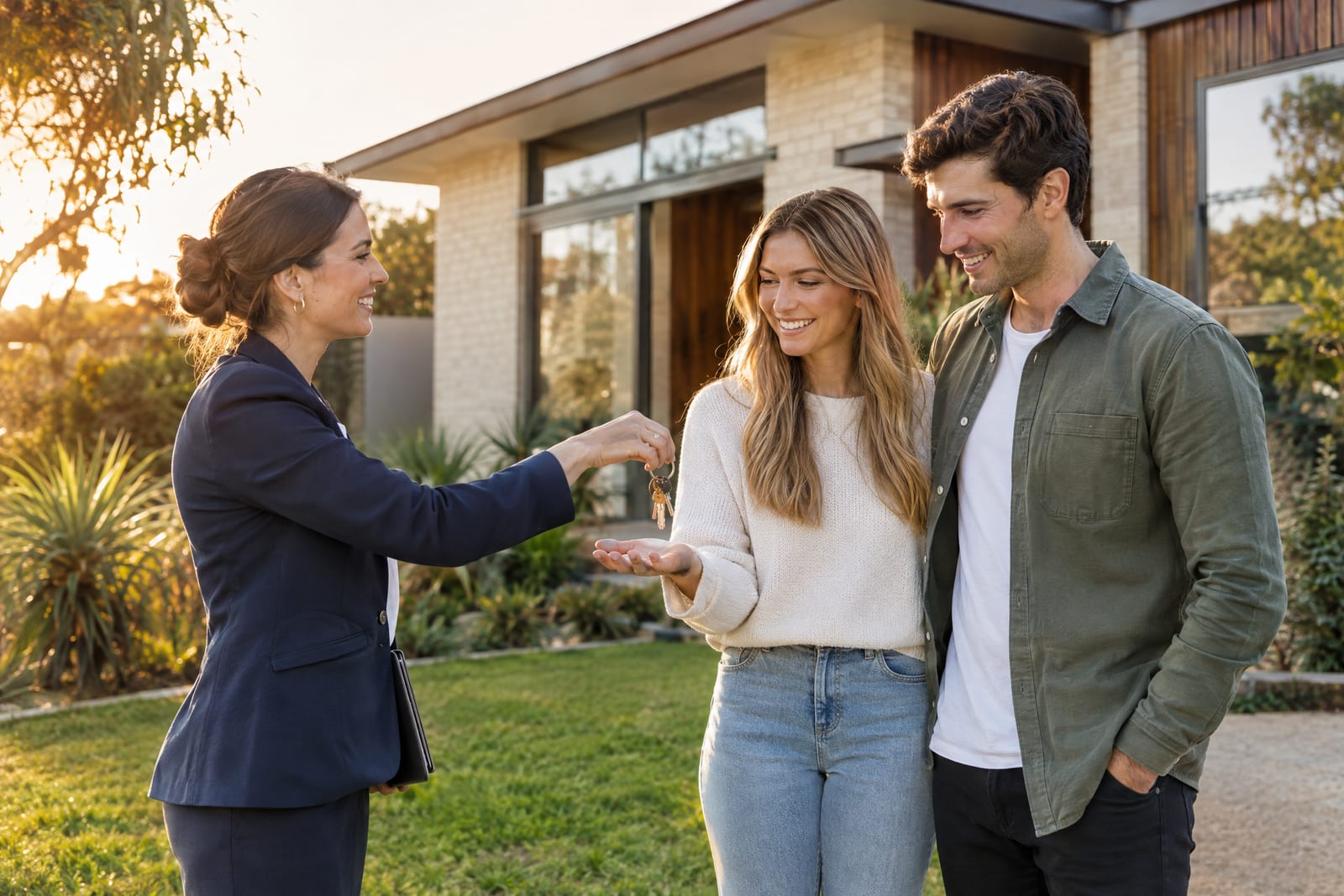 Real estate agent handing house keys to a smiling couple outside a modern brick and timber family home
